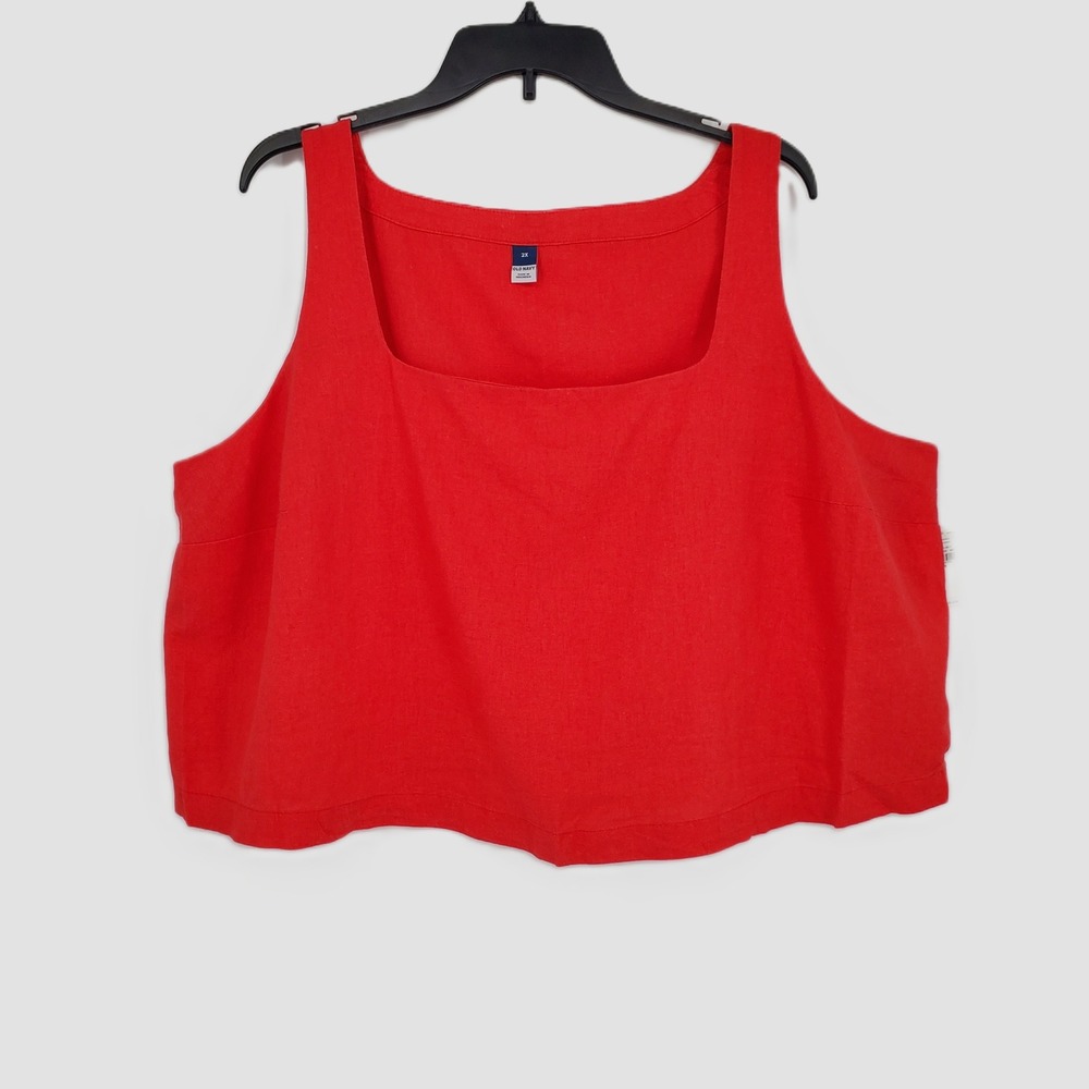 Old Navy Women 2X Live Coral Red Linen Blend Square Neck Tank Top Breathable New